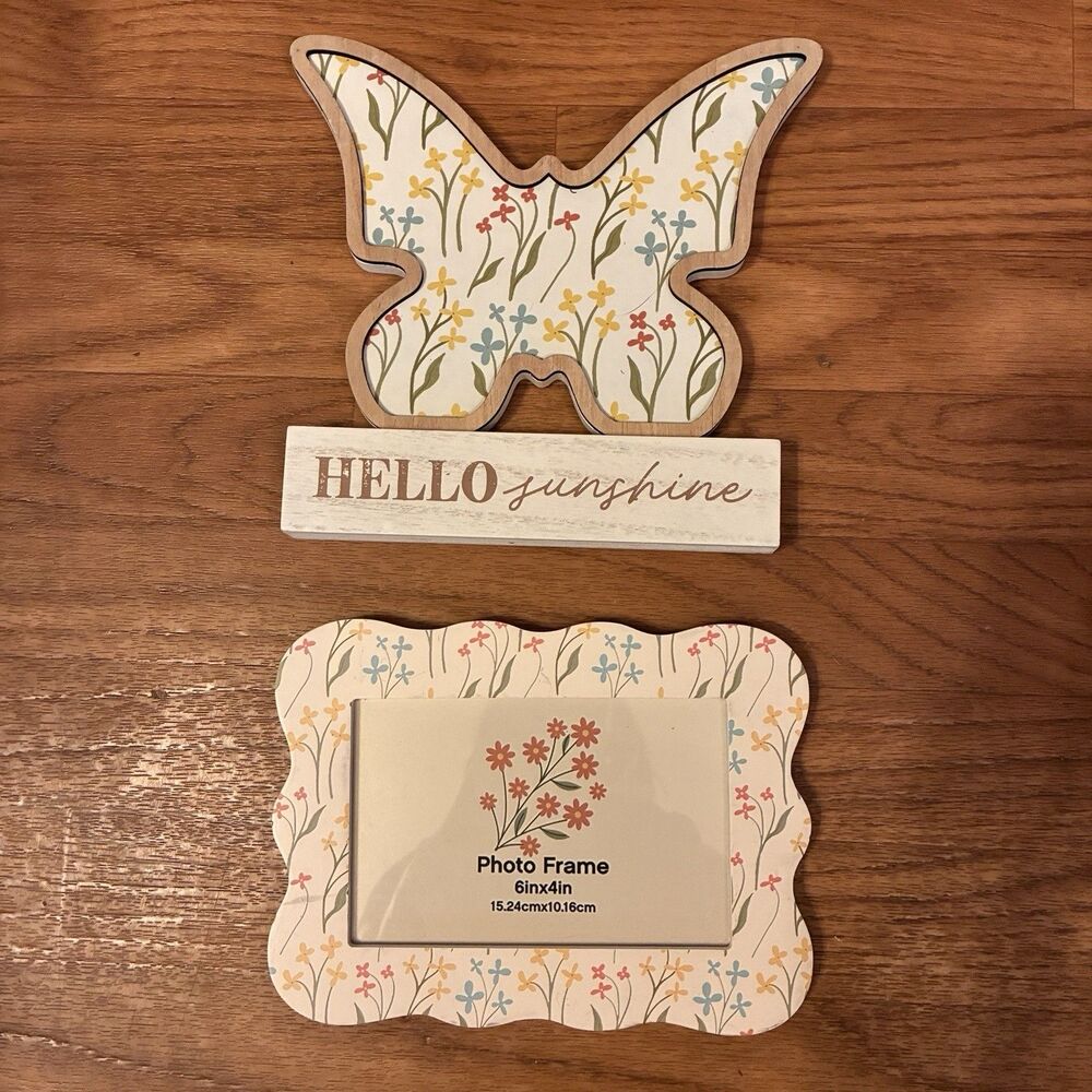 Floral Wood Picture Frame (6”x4”) With Matching Butterfly W/ HELLO SUNSHINE. New